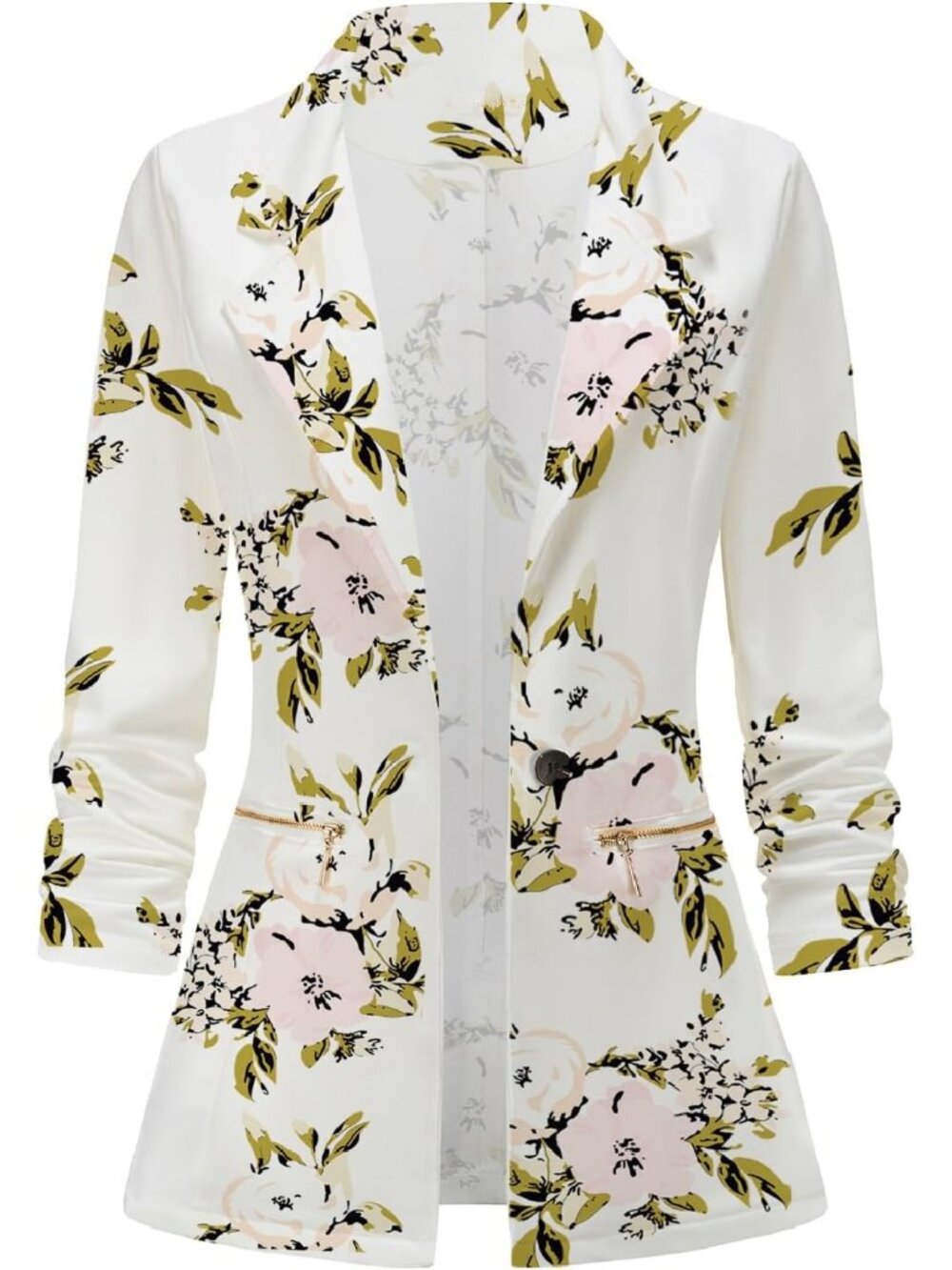 Women's Floral White Stretch Long Sleeve Single Button Gold Zipper Pocket Jacket